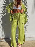 Women Two-piece Pleated Pants Suits Casual Chic Solid Color Long Sleeve Button down Shirts and Straight Leg Trousers Set