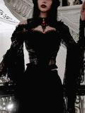 New Gothic Y2K Vintage Lace Overlays See Through Woman Cosplay Cover-ups Coat Stand Flare Sleeve Black Fairy Grunge Smock