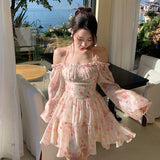 woloong Summer Floral Dress Women  Slash Neck Female Long Sleeve Fairy Dress Off Shoulder Pink A-line Elegant  Beach Short Dresses