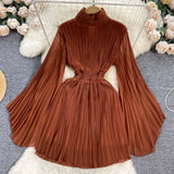 Elegant Solid Stand Collar Fold Waist Closed Dress Women Leisure Pleated Vestido Female Summer New Tide Fashion