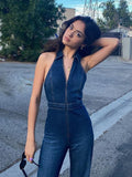 Hugcitar Denim Jumpsuit V Neck Zipper Bell Sleeveless Sexy Outifts Elegant Backpacker  Party Summer