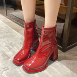 Ankle Boots Women New Fashion Sexy Patent Leather Thick High Heel Cute Gothic White Platform Boots Red Shoes Big Size 43