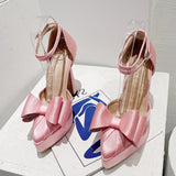 New Fashion Pink Bowknot Pointed Toe Super High Heels Platform Pumps Women Sandals Party Wedding Banquet Shoes Size 35-42
