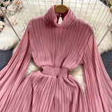 Elegant Solid Stand Collar Fold Waist Closed Dress Women Leisure Pleated Vestido Female Summer New Tide Fashion