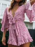 Bell Sleeve Floral Boho Playsuit Romper Spring Summer Women Beach Playsuit Elegant V Neck Pink Romper Women Fashion