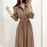 woloong New Design Japan Style Women Chic Korea Basic Wear Casual Robe Solid Cotton Blend Vintage Long Maxi Shirt Dress Belt Vestidos