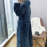 New Imitation Fur Coats Women's Winter Mid-length Lace-up Jackets Fashion Big Size Long Sleeve Thicken Black Overcoat