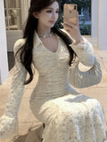 goosudu Elegant Lace Midi Dress Women  V-neck Flare Sleeve Slim Mermaid Autumn Spring Vintage Evening Party Prom Robe Vestidos Mujer New