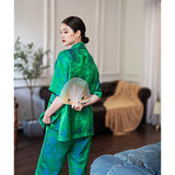 Autumn Luxury Satin Women Green Print Pajamas Set Half Sleeve Shirt Loose Pants Sleepwear Suit Ladies Office 2 Piece Sets Outfit