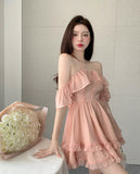 Mini Fairy Dress Lace-up Halter A-line Off Shoulder Pink Ruffle Chiffon Fluffy Dress Summer Women Dresses Beachwear Clothi