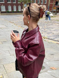 Women Red Lapel Zipper Leather Cropped Coat Autumn Casual Long Sleeve Patchwork Jacket Winter Fashion New Office Streetwear