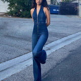 Hugcitar Denim Jumpsuit V Neck Zipper Bell Sleeveless Sexy Outifts Elegant Backpacker  Party Summer