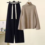 goosudu Autumn Winter Warm Knitted Suit Women Long Sleeve Half Turtleneck Knitting Sweater And Wide Leg Pants Sets Outer Wear Loose Set