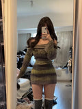 Winter Slim Stripe Knitted Dress Women Vintage Sweater Party Mini Dress Female Korean Fashion Elegant One Piece Dress New