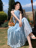 Women Summer Blue Halter Bandage Loose Long Floral Print Dresses Fashion Party Slim Pleated Dress Sweet Elegant Off Shoulder New