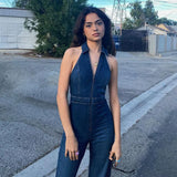 Hugcitar Denim Jumpsuit V Neck Zipper Bell Sleeveless Sexy Outifts Elegant Backpacker  Party Summer