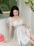 Mini Fairy Dress Lace-up Halter A-line Off Shoulder Pink Ruffle Chiffon Fluffy Dress Summer Women Dresses Beachwear Clothi