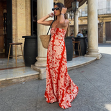 Summer New Holiday Style Print Pleated Open Back High Waist Bra Hanging Neck Neck Sexy Long Dress