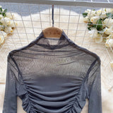 goosudu Autumn Mesh Basic Top Women Turtleneck Long Sleeve Ruched Open Crotch Slim Playsuits Fashion Sheer Sexy Bodysuits