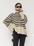 Fashion Tops Women Striped High Collar Sweater New Autumn Winter Loose Design Knitted Pullover Oversized Sweater  Jumper