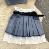 goosudu  Fashion American Retro Y2K Sexy Denim Suits Women Strapless Mini Top+ Pleated Mini Skirt Vintage Beach Two Pieces Set