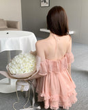 Mini Fairy Dress Lace-up Halter A-line Off Shoulder Pink Ruffle Chiffon Fluffy Dress Summer Women Dresses Beachwear Clothi