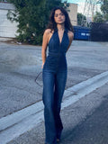 Hugcitar Denim Jumpsuit V Neck Zipper Bell Sleeveless Sexy Outifts Elegant Backpacker  Party Summer