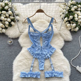 Women Sexy Floral Lace Strappy Bodysuit Fashion One Piece Rompers Lingerie Erotic Tight Embroidery Combination Catsuit