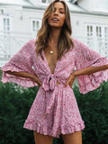 Bell Sleeve Floral Boho Playsuit Romper Spring Summer Women Beach Playsuit Elegant V Neck Pink Romper Women Fashion