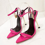 New Gold Silver Ankle Strap Women's Metal Thin High Heels Gladiator Sandals Summer Pointed Toe Female Party Shoes