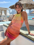 Summer Gradient Backless Knit Dress Women  New Mini Beach Party Halter Dress Holiday Slim Ladies Stretch Sweater Dress