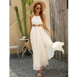 Chiffon Solid Halter Slit White Women Dress Summer Sleeveless Maxi Long Holiday Beach Ladies Dress Robe New