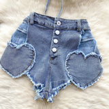 goosudu American Hotsweet Sets Halter Sleeveless Backless Love Tops+High Waist Button Basics Shorts Fashion Sexy Denim Suits