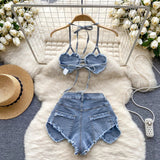 goosudu American Hotsweet Sets Halter Sleeveless Backless Love Tops+High Waist Button Basics Shorts Fashion Sexy Denim Suits