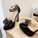 New Fashion Pink Bowknot Pointed Toe Super High Heels Platform Pumps Women Sandals Party Wedding Banquet Shoes Size 35-42