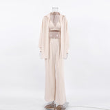 Women's Pajamas Summer Suit Cotton Linen Long Sleeve Shirt + Bra+ Pants Three Piece Outfit Casual Trouser Suits