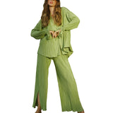 Women Two-piece Pleated Pants Suits Casual Chic Solid Color Long Sleeve Button down Shirts and Straight Leg Trousers Set