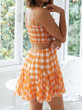 goosudu Orange Plaid Print Vintage Women Pleated Trimmed Summer Dress Backless Elastic New Gingham Mini Beach Dress Boho