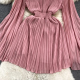 Elegant Solid Stand Collar Fold Waist Closed Dress Women Leisure Pleated Vestido Female Summer New Tide Fashion