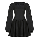 woloong  New Fashion Elegant Puff Long Sleeve Black Dress Women Corset Summer Clothes Goth Sexy Party Club Outfits Mini Pleated Skirt Y2k