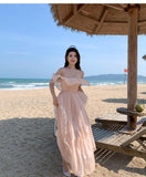 summer new lady ruffle edge off shoulder dress sweet fashion sexy long robe femme pink women slim elegant charming fairy dresses