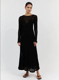 Elegant Hollow Out Knit Maxi Dress for Women Summer Beachwear Holiday Long Sleeve Cover-Ups Long Dresses