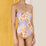 Hanging Neck Strap Printing Slim Bikini One-piece Sexy High Waist Swimsuit Beachwear Fashion Push-up Swimming Female