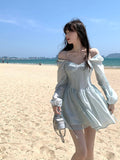 goosudu Fairy Dress Long Sleeve Dress Female Blue Sweet A-Line Summer High Waist Vintage Slim Fairy Dress Princess Dress Sundress Beachwear Holiday