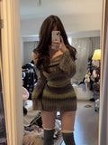 Winter Slim Stripe Knitted Dress Women Vintage Sweater Party Mini Dress Female Korean Fashion Elegant One Piece Dress New