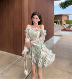 Summer New Off Shoulder Strap Dress Women Floral Short Dress Long Sleeve Bohemian A-line Beach Dress Robe Femme Clothing