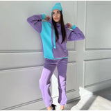 Casual Hooded Sweatshirt Women Suit Spliced Long Sleeve Pullover Female 2 Piece Sets  Elastic Waist Jogging Pants Lady Set