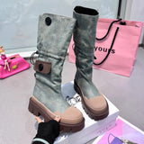 Autumn and Winter New Fashion Two Knee length Boots Women's Denim Washed Shell Head Thick bottomed Tooling Boots