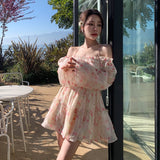 woloong Summer Floral Dress Women  Slash Neck Female Long Sleeve Fairy Dress Off Shoulder Pink A-line Elegant  Beach Short Dresses