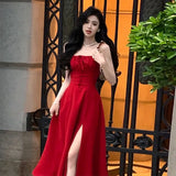 goosudu French Elegant White Strap Midi Dress  Summer New Casual Evening Party Dress Women Beach Sleeveless Lace-up Red Dress Korean